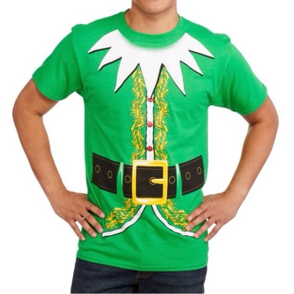 Dec. 25th green men's Christmas elf costume graphic t-shirt size Large festive